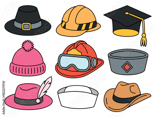 Collection of diverse hats representing different professions and styles.