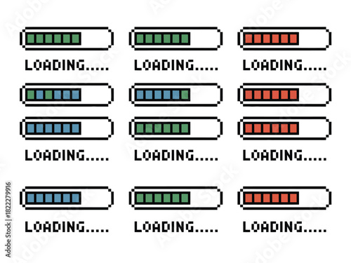 Multiple pixelated loading bars with different colors and progress indicators