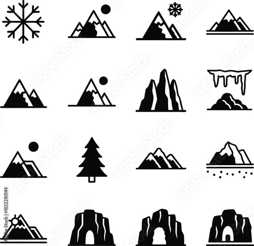 Vector Illustration of Minimalist Mountain, Tent, and Nature Icons Set for Outdoor Adventure Design