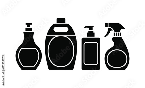 A monochrome depiction of four cleaning product bottles in a row on white background