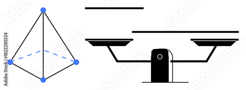 Tetrahedron with connected points and a balance scale symbolizing stability, equality, and measurement. Ideal for science, geometry, comparison, law, fairness equilibrium and logic. Simple flat