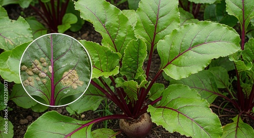 Beetroot plant with healthy and diseased leaves leaf vegetable garden spots tan raised surface agriculture crop food organic farming
