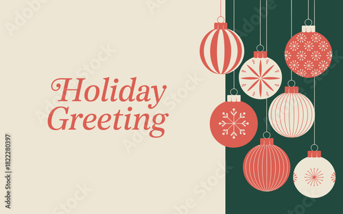 Holiday greeting card with hanging christmas ornaments and a dark green background on the right side