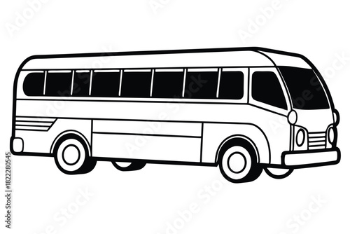 Monochrome outline depicts a passenger bus with multiple windows and visible tires on a white backdrop