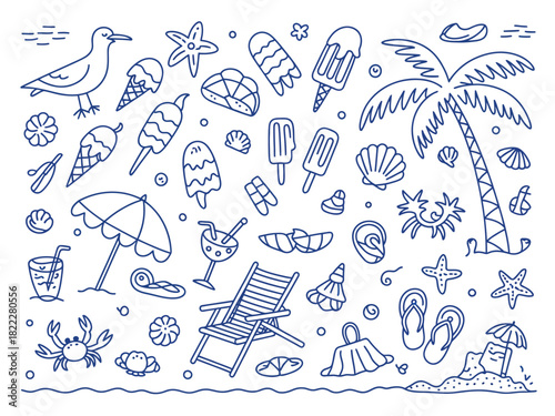 Doodle style illustration of beach themed objects including palm tree and ice cream