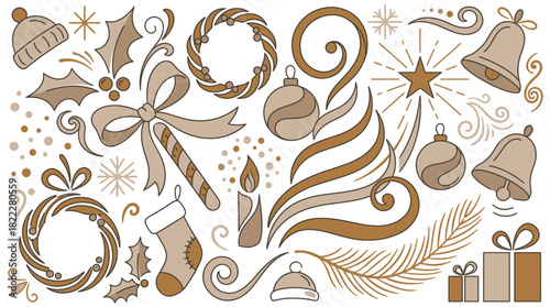 Cozy Christmas vector design elements bring holiday cheer to your projects, adding warm festive vibes with wreaths, ornaments, gifts, and classic touches for a joyful season