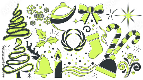 Delightful festive holiday cheer: A collection of cheerful Christmas icons and elements showcasing a vibrant, modern holiday spirit, ideal for seasonal designs