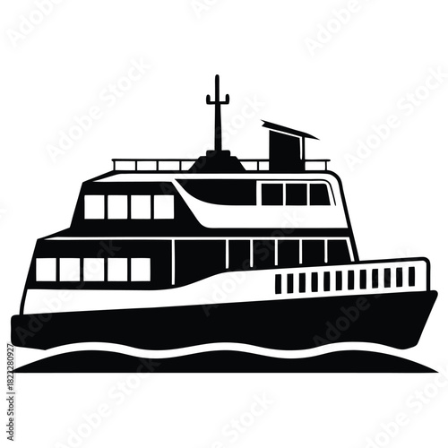 Monochrome silhouette portrays a two story ferry sailing on the water in minimalist style