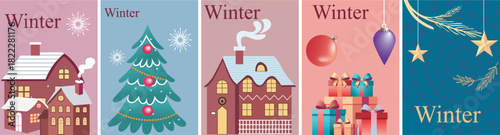 Festive winter scenes with cozy houses trees and holiday decorations