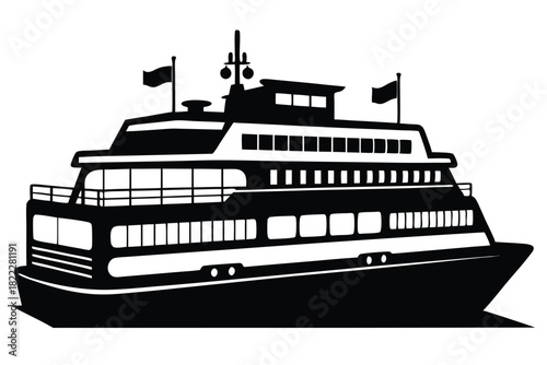 Monochrome silhouette shows a large passenger ferry boat cruising smoothly with two flags waving above