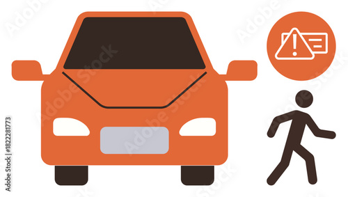 Orange car, pedestrian walking, and warning sign highlighting a road safety alert system. Ideal for vehicle technology, safety, accident prevention, awareness campaigns, traffic rules, urban