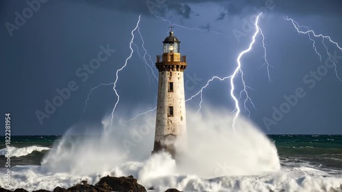 Lighthouse Battling Stormy Seas with Lightning Strikes.