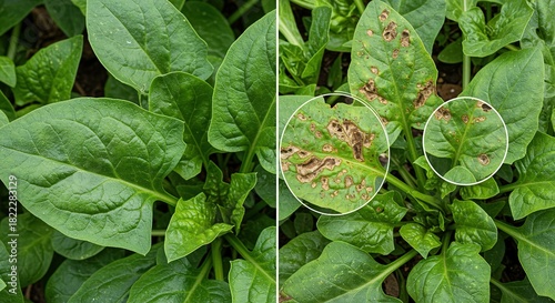 Spinach leaves with Cercospora leaf spot disease fungal infection plant vegetable garden agriculture crop healthy unhealthy brown green