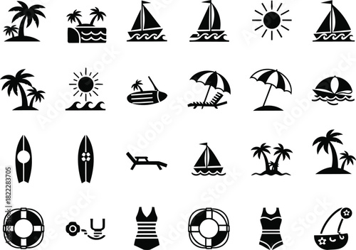 Vector Illustration of Summer Beach Vacation Icons Set. Tropical Travel Holiday Elements Collection