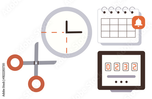 Clock, scissors cutting time, calendar with alert, and countdown timer emphasizing time management and scheduling. Ideal for productivity, deadlines, efficiency, planning, goal setting time-saving