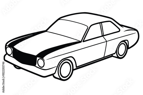 Outlined muscle car illustration with racing stripes showcases vintage automotive design in black and white