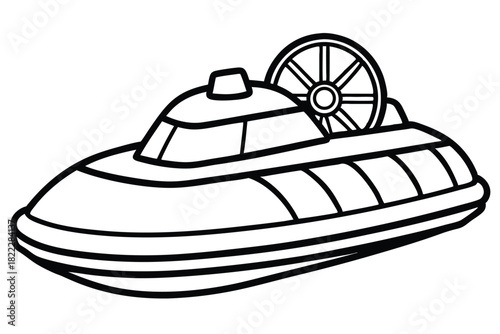 Outlined paddle boat shows detailed wheel, cabin, and hull in black and white