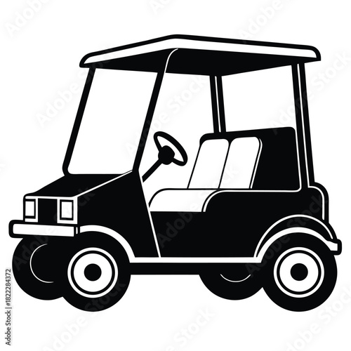 Side view reveals a detailed monochrome golf cart vehicle on white background