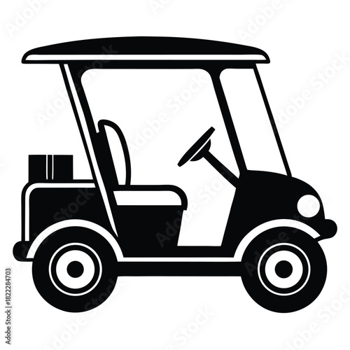 Side view shows a solid black golf cart with a roof in vector