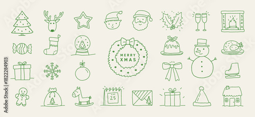 Set of Christmas retro vintage holiday motifs,elements.Xmas and New Year hand-drawn icons in chalk-crayon doodle style.Xmas tree,wreath,snowman,gifts,deer,holiday decoration.Vector grunge sketch style