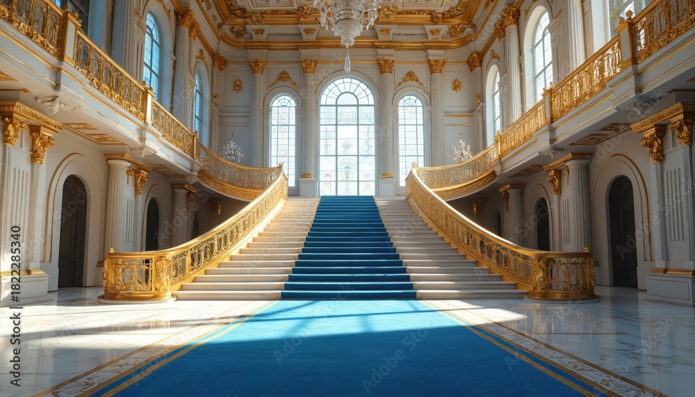 Naklejka premium Grand interior hall with ornate gold staircase and blue carpet. Large windows let in natural light. Opulent architecture suggests royal palace or ballroom setting for events.