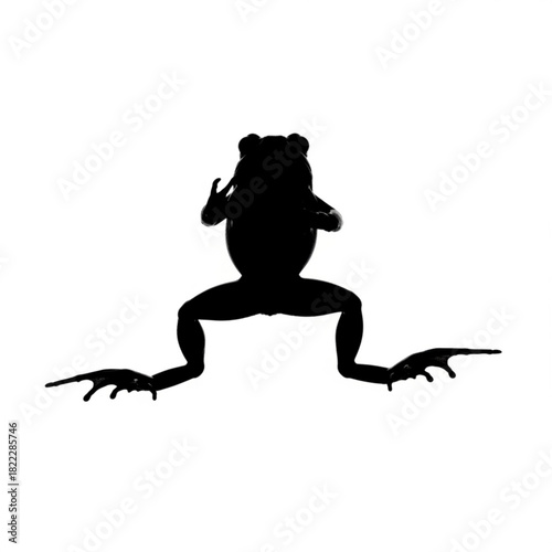 Silhouette of a frog with outstretched limbs and visible toes against a white background in a studio shot