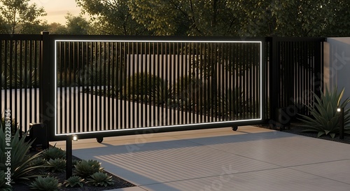 Modern black metal driveway gate with integrated white led lighting illuminating the vertical slats and creating a sleek contemporary entrance to a private residence at dusk