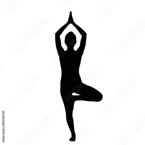 Silhouette of a person in tree pose with hands pressed together above head on a white background image