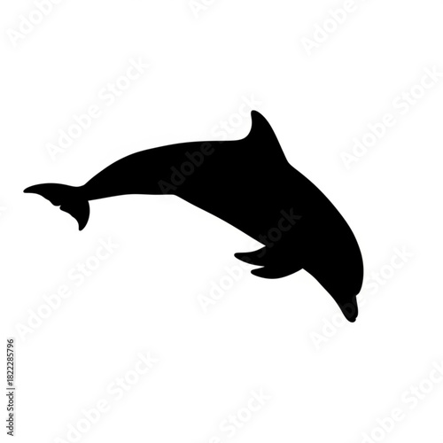 Silhouette of a dolphin leaping upward with its tail fin visible against a plain white background image