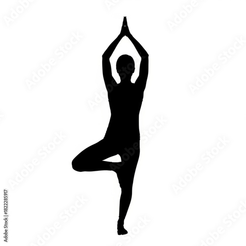 Silhouette of a person in tree pose with hands together above head against a white background showing balance