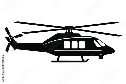 Silhouette of a sleek helicopter showcases the main rotor and tail rotor in black