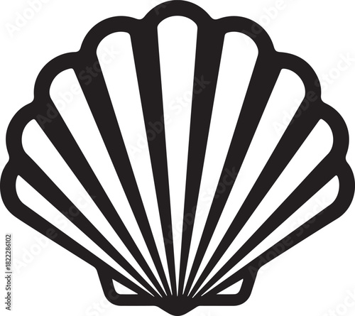 Stylized black and white scallop shell vector illustration, marine ocean sea beach aquatic nature symbol, simple line art design element, isolated