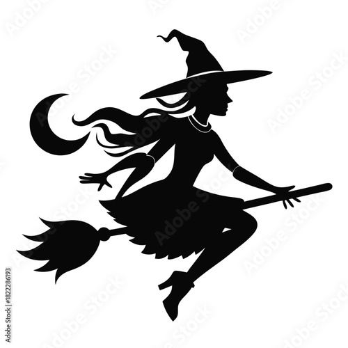 Silhouette of a witch wearing hat flying on broom with a moon on white