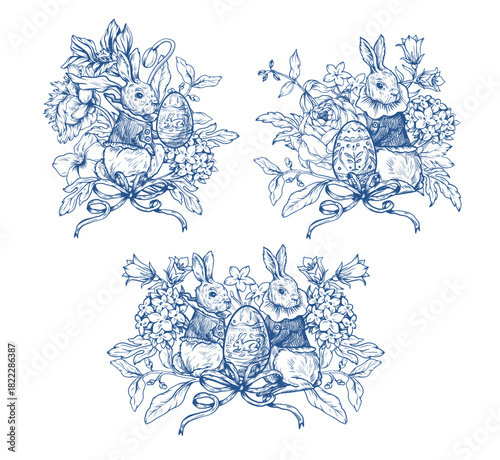 Easter rabbit vector set with eggs flowers and ribbons vintage isolated holiday illustration