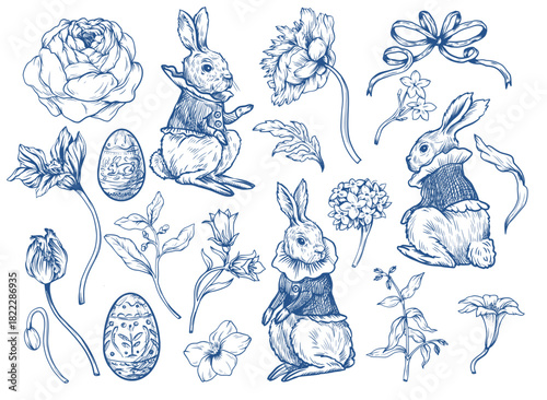 Easter rabbit vector set with eggs flowers and ribbons vintage isolated holiday illustration