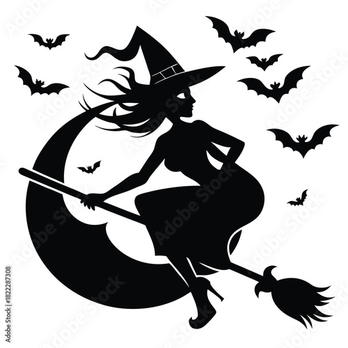 Silhouette witch with hat flies through moonlit sky amidst bats on her broom