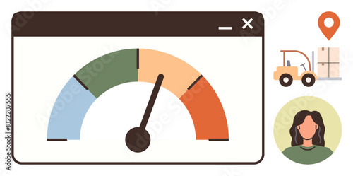 Color-coded gauge in web window, forklift loading boxes, location pin, and user avatar. Ideal for logistics, performance tracking, efficiency, ecommerce, supply chain monitoring resource