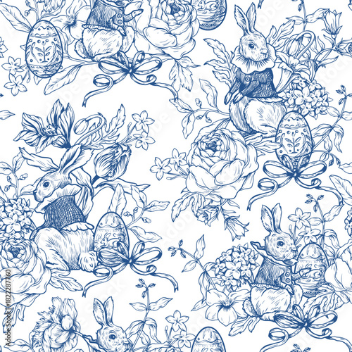 Easter rabbit seamless vector pattern with eggs flowers vintage toile style holiday design