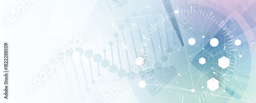 Abstract technology and science hexagon background, DNA strands, connected neural web