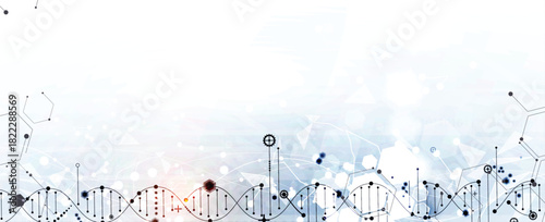 Abstract technology and science hexagon background, DNA strands, connected neural web