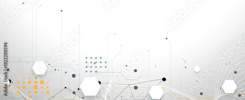 Abstract technology and science hexagon background, DNA strands, connected neural web