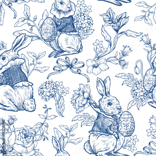 Easter rabbit seamless vector pattern with eggs flowers vintage toile style holiday design