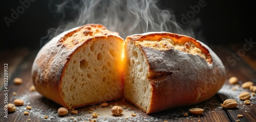 Steaming loaf cut in half on table. Crusty bread showcases inner texture. Freshly baked sourdough concept for restaurant menu or food blog. Warm light highlights bakery product served on wood.