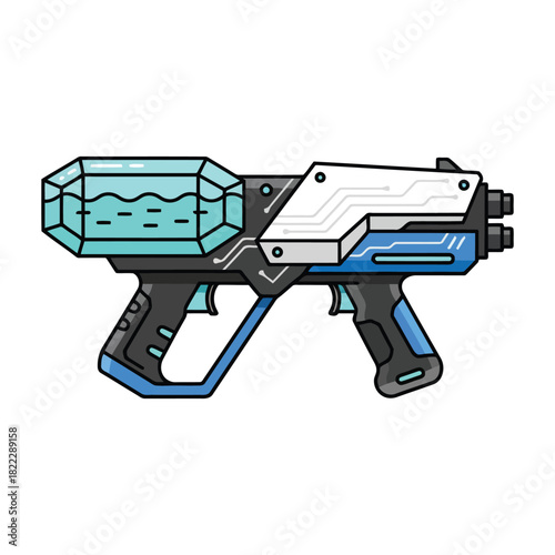 Futuristic energy weapon with a blue crystal power cell