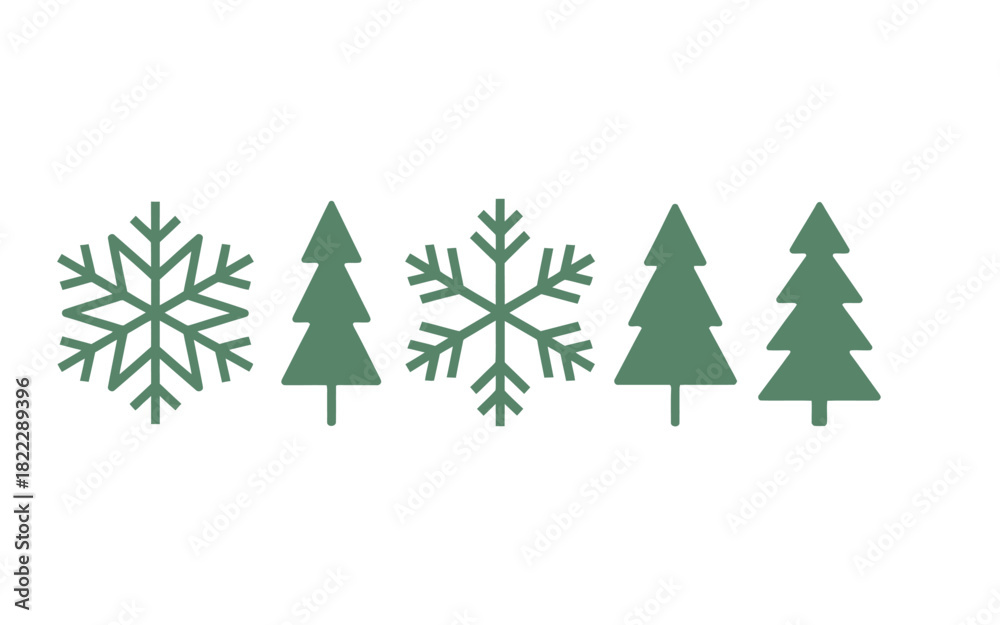 Fototapeta premium Green christmas trees and snowflakes arranged in a row on a white background simple holiday illustration