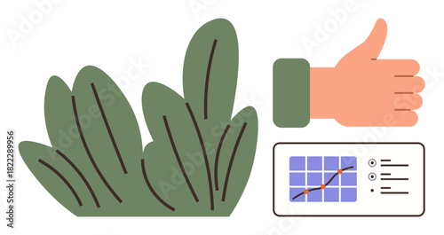 Hand giving thumbs-up near a lush plant and a data chart, symbolizing support, growth, and analytics. Ideal for environmental campaigns, progress, success, ecology, data analysis sustainability