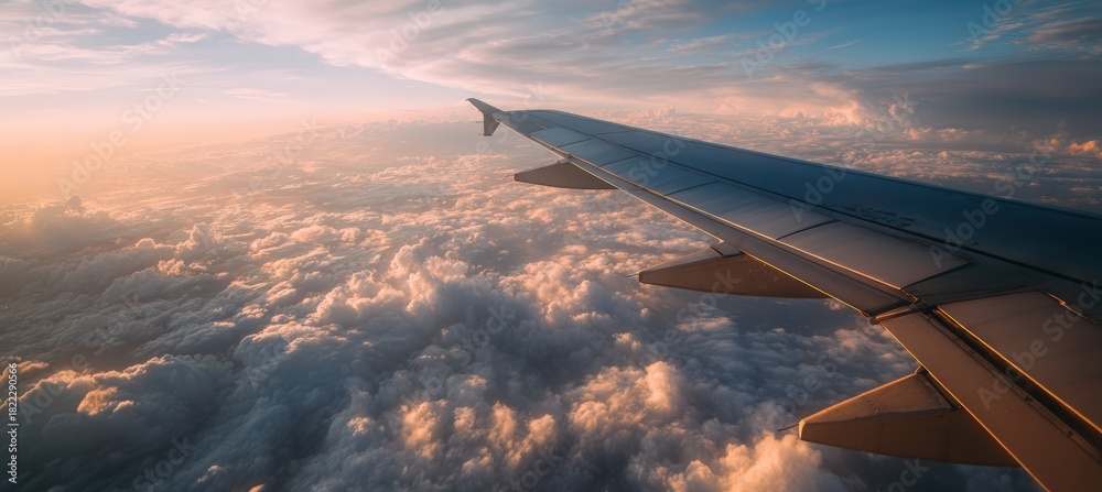 Naklejka premium Golden Hour View from Airplane Window with Dreamy Cloudscape