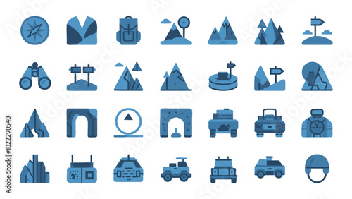 Outdoor Adventure and Camping Icon Set with Hiking Gear, Mountain Exploration and Nature Travel Elements Flat Vector Illustration Bundle
