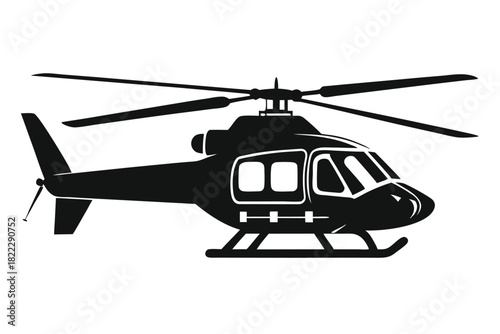 Sleek black helicopter with rotor blades showcases modern aviation technology in a detailed monochrome design