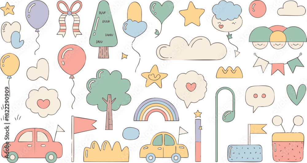 Naklejka premium Cute Pastel Doodle Icon Set Hand Drawn Line Art for Kids and Party